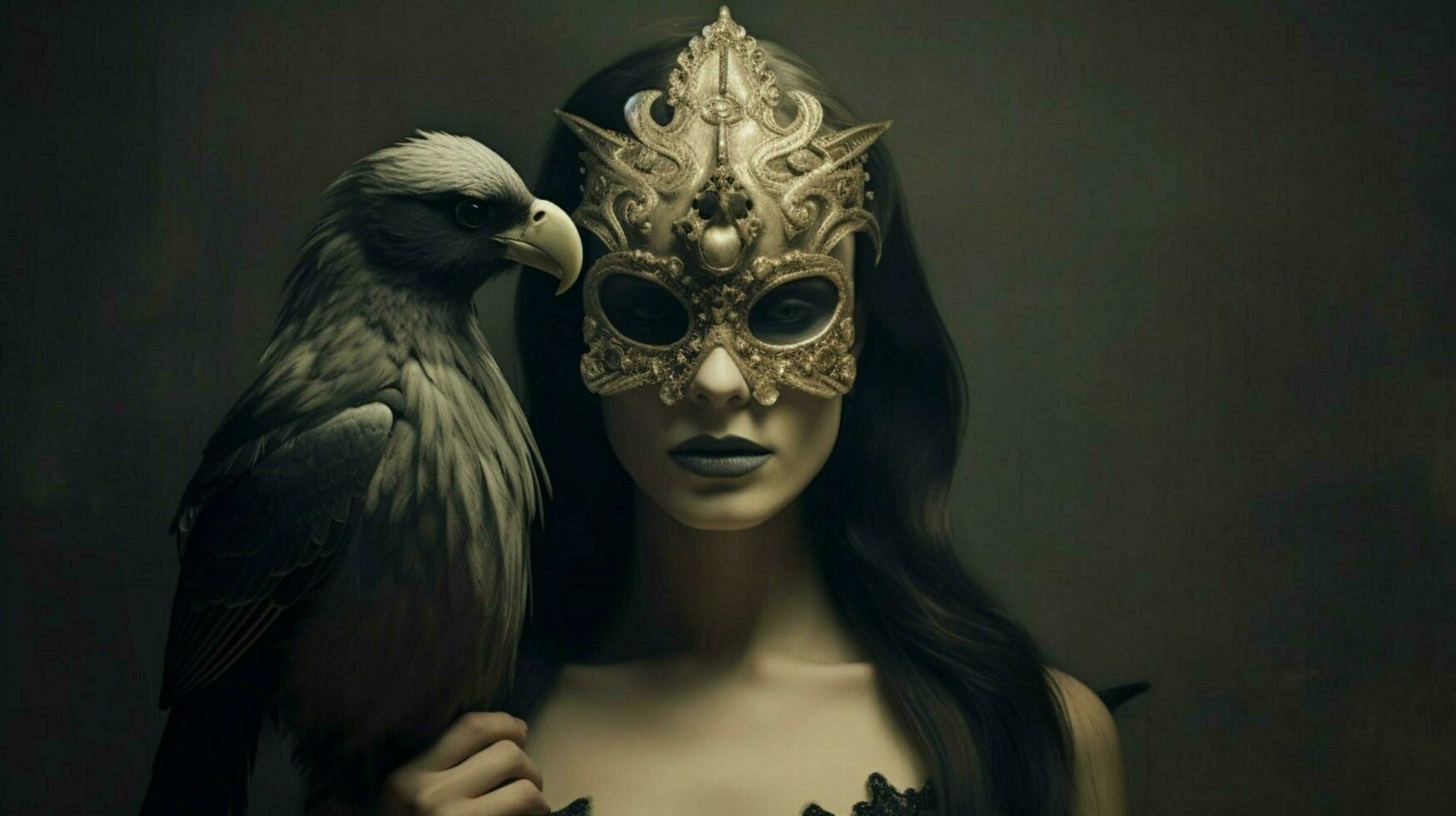 a woman with a skull mask and a bird on her head photo