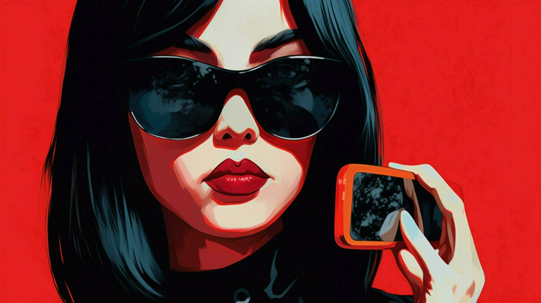 a woman with black hair and red sunglasses holds photo