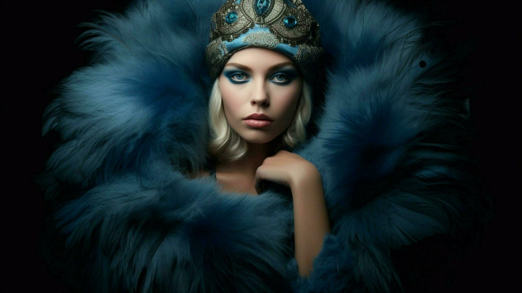 a woman with blue eyes and a blue feather on her photo