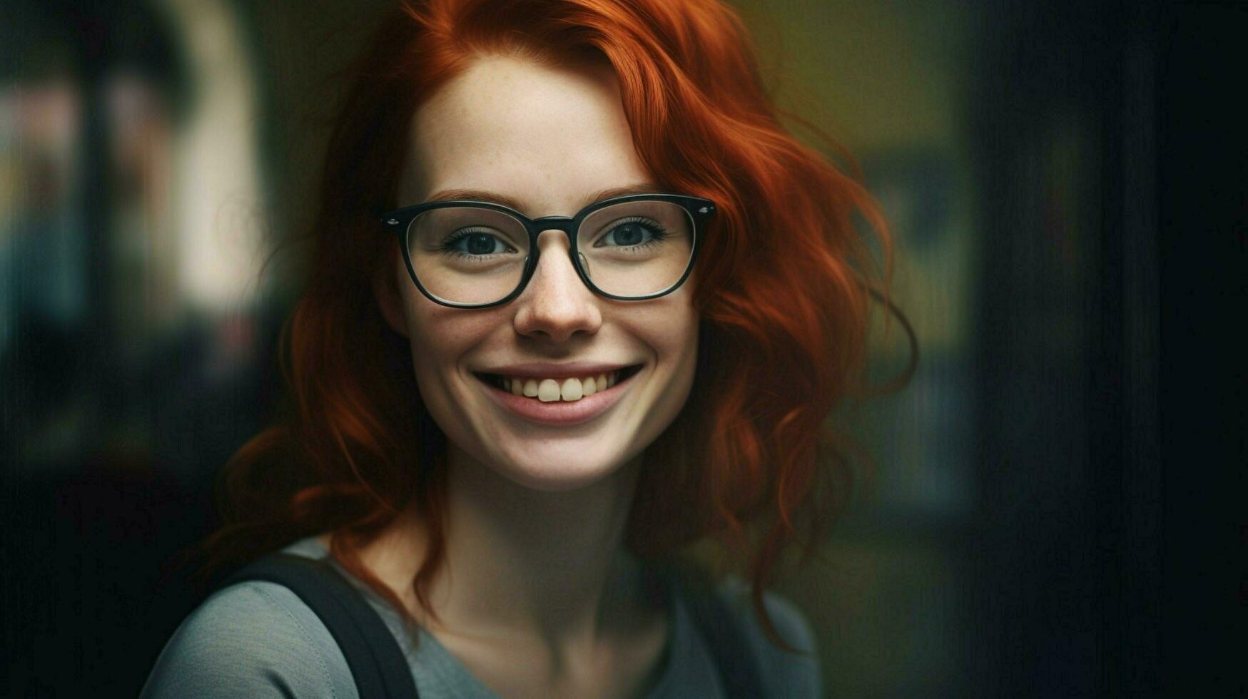 a woman with red hair wearing glasses smiles at t photo