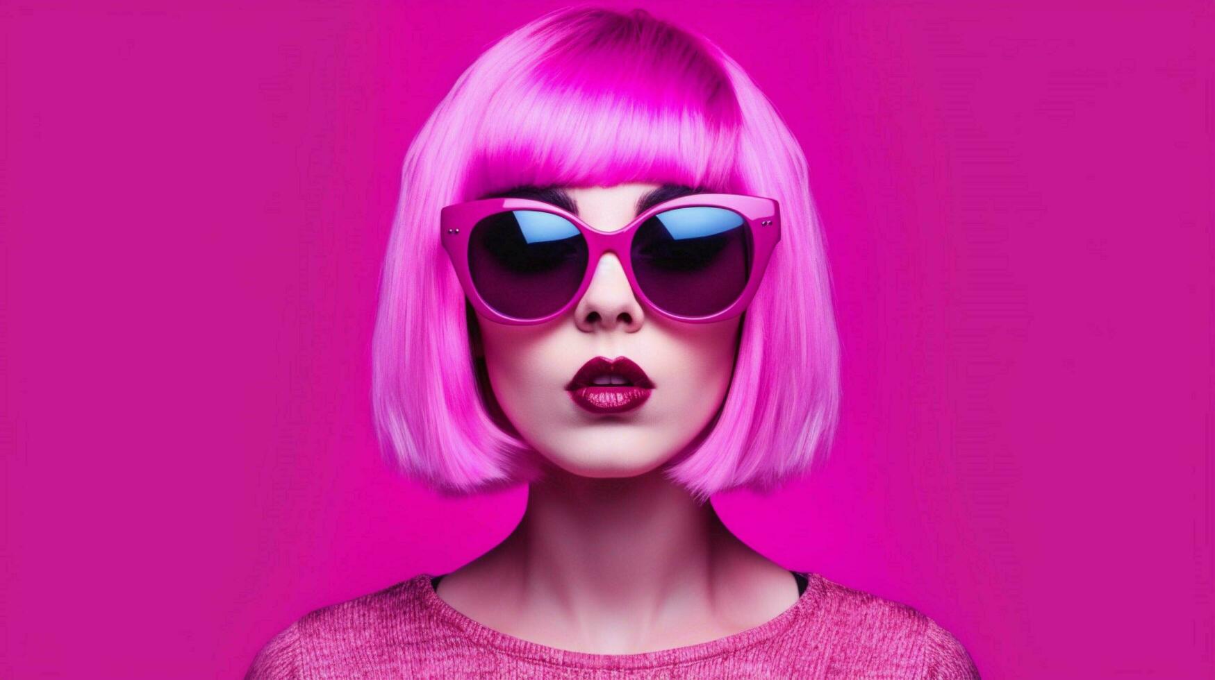 a woman with pink hair and a black top and pink s photo