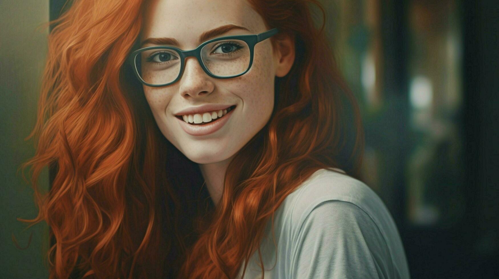 a woman with red hair wearing glasses smiles at t photo