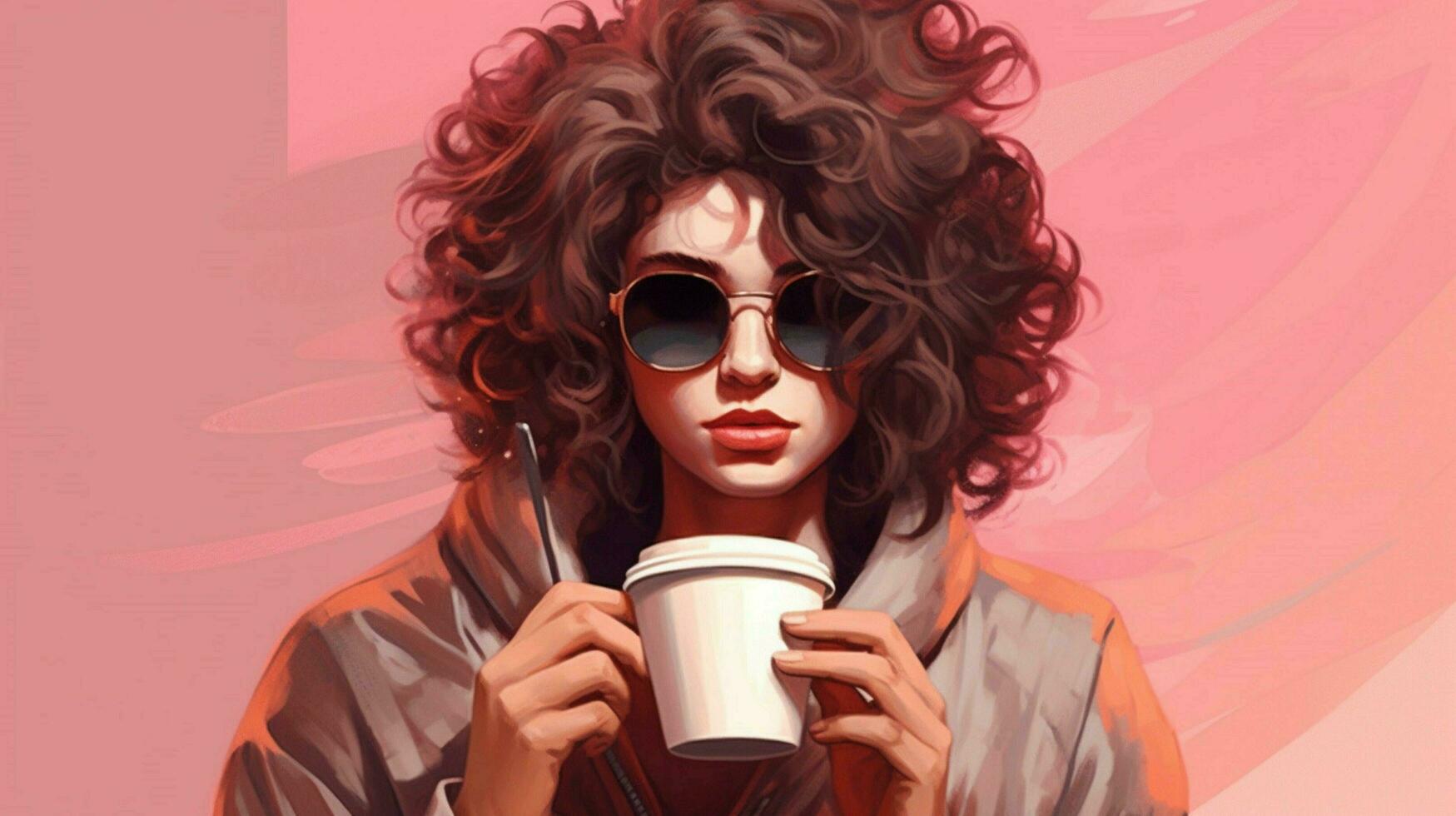 a woman with sunglasses and a pink cup of coffee photo