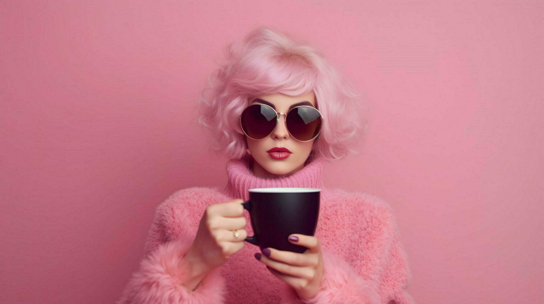 a woman with sunglasses and a pink cup of coffee photo