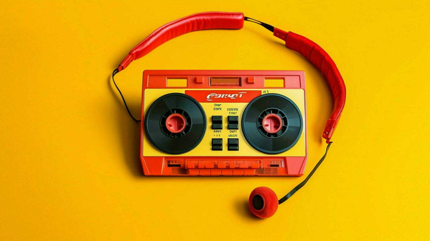 a yellow cassette player with a red headphone on photo