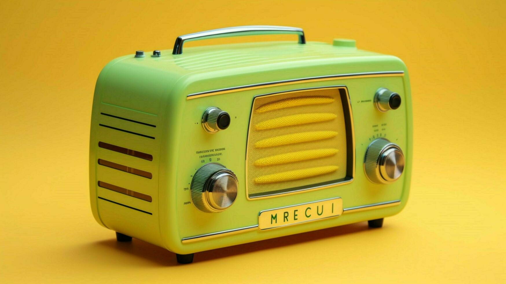 a yellow radio with a green screen that saysthe r photo