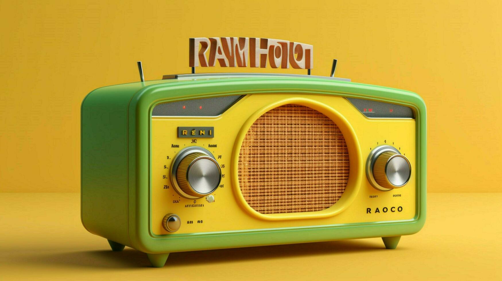 a yellow radio with a green screen that saysthe r photo