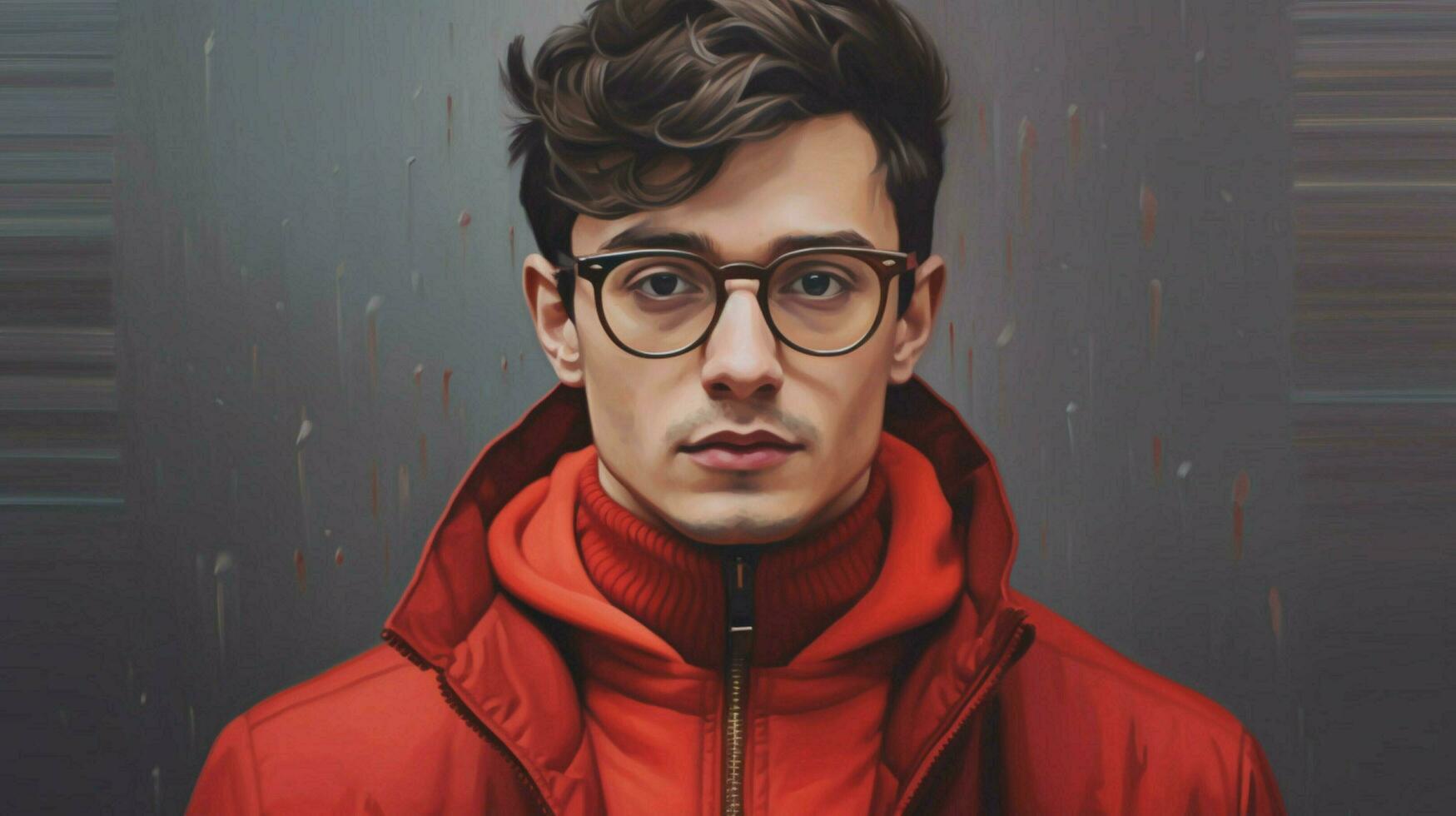 a young man wearing glasses with a red sweater an photo