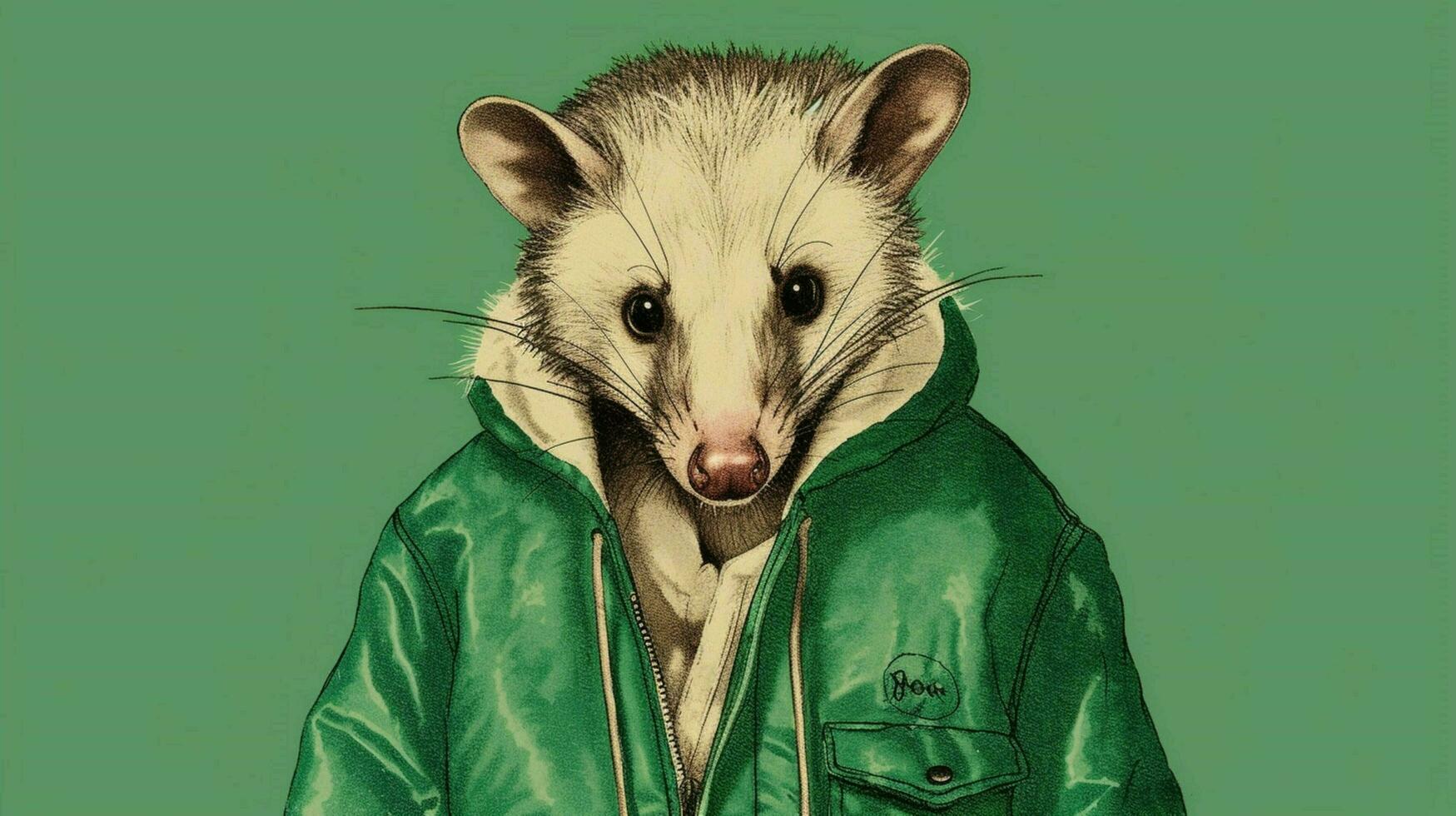 an illustration of an opossum with a green jacket photo