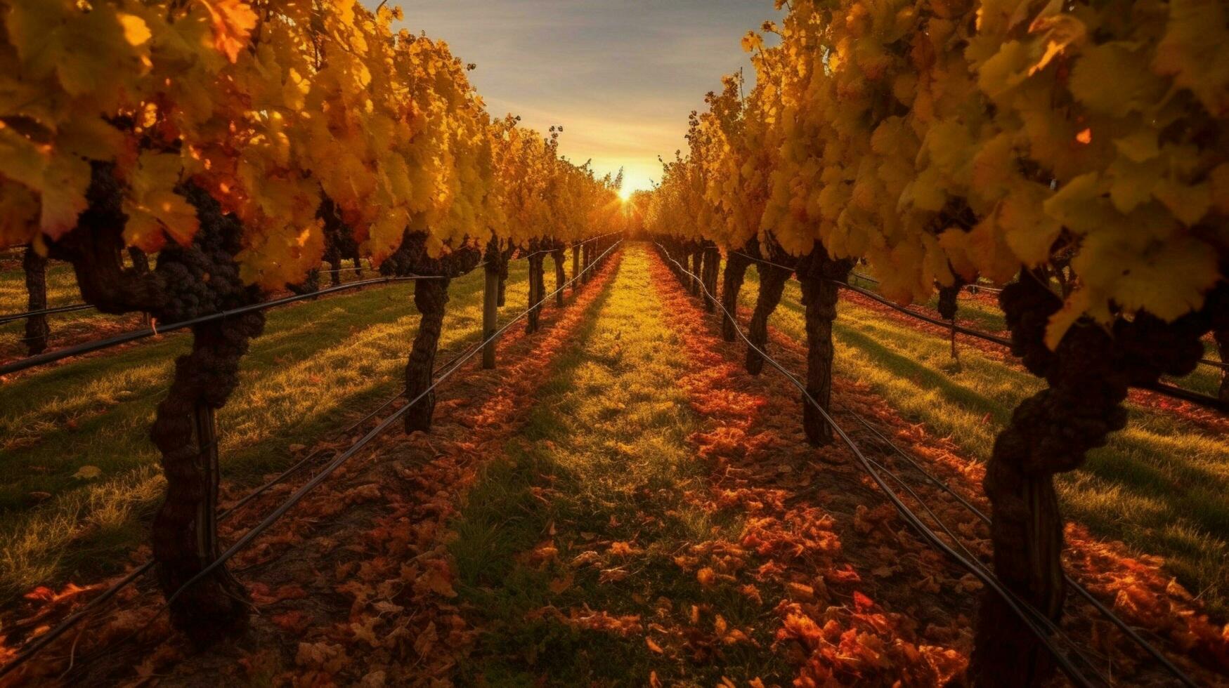 autumn sun shining through rows of grape vines hi photo