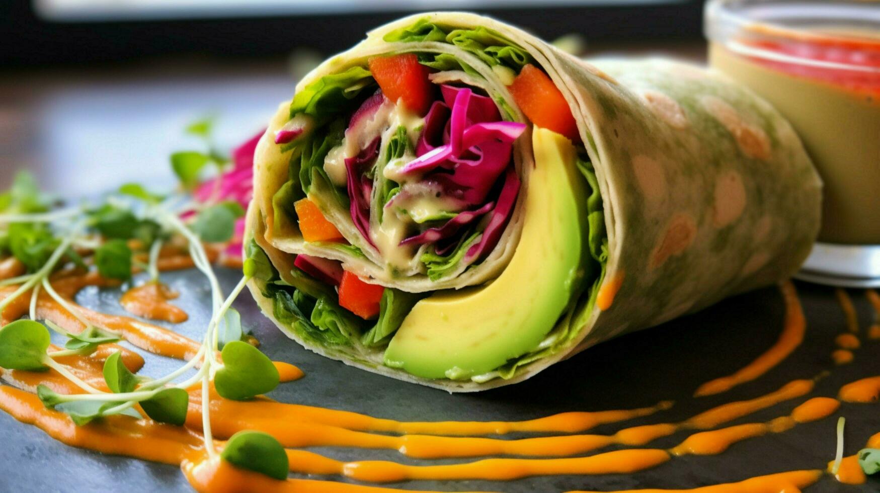 bright and colorful veggie wrap with hummus avoca photo