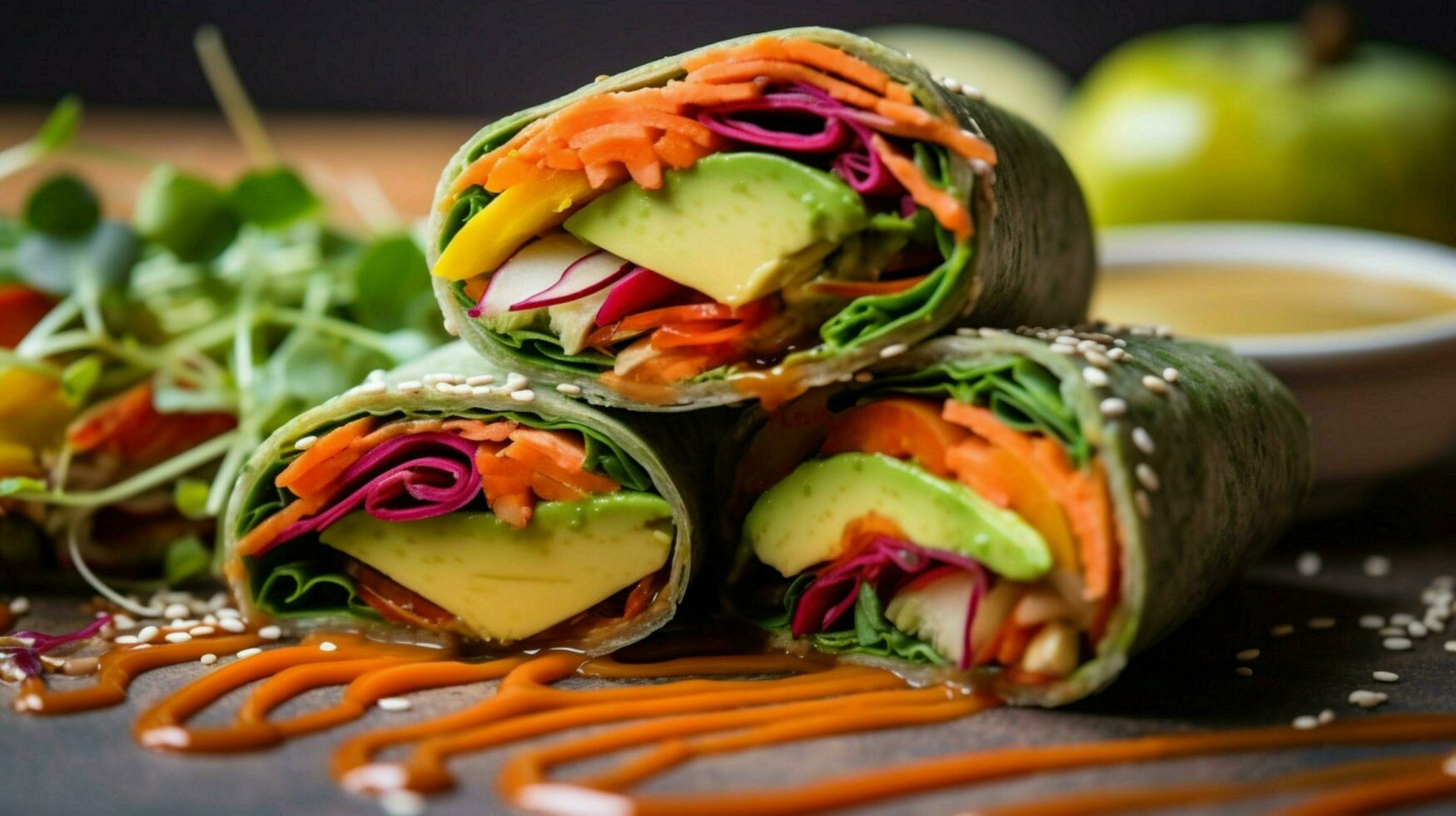 bright and colorful veggie wrap with hummus avoca photo