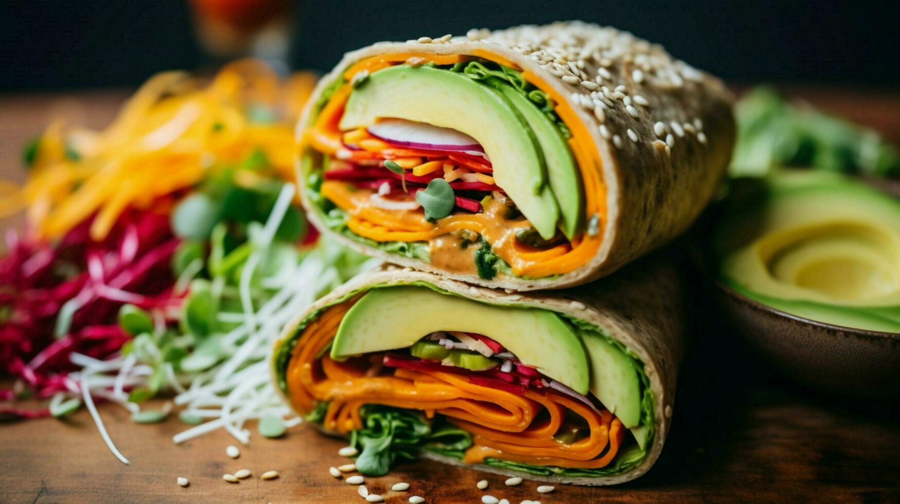 bright and colorful veggie wrap with hummus avoca photo