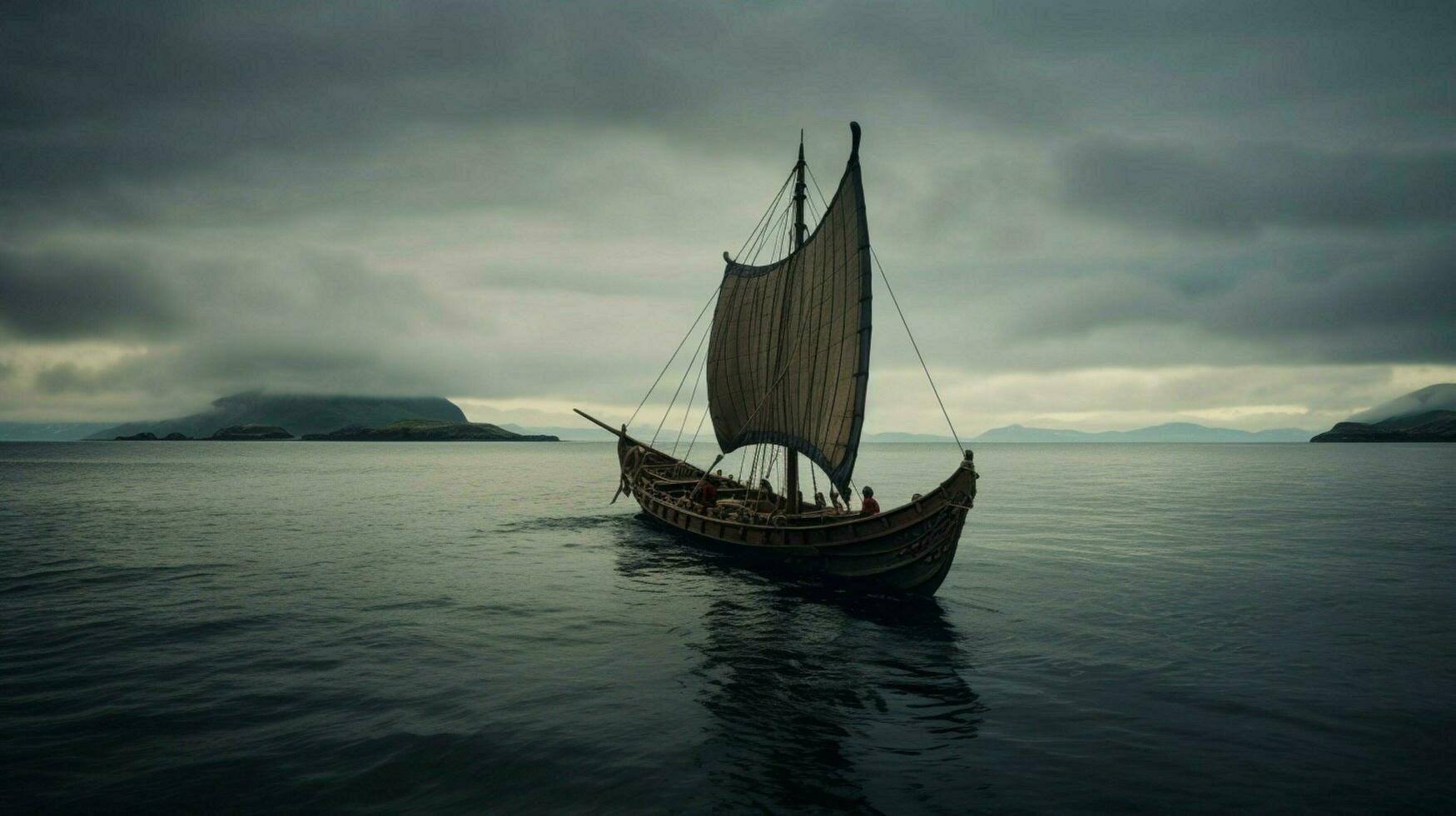 calm sea with viking ship sailing on the horizon photo