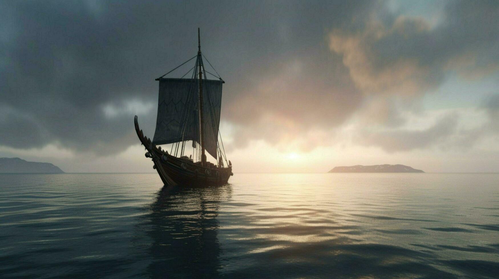 calm sea with viking ship sailing on the horizon photo
