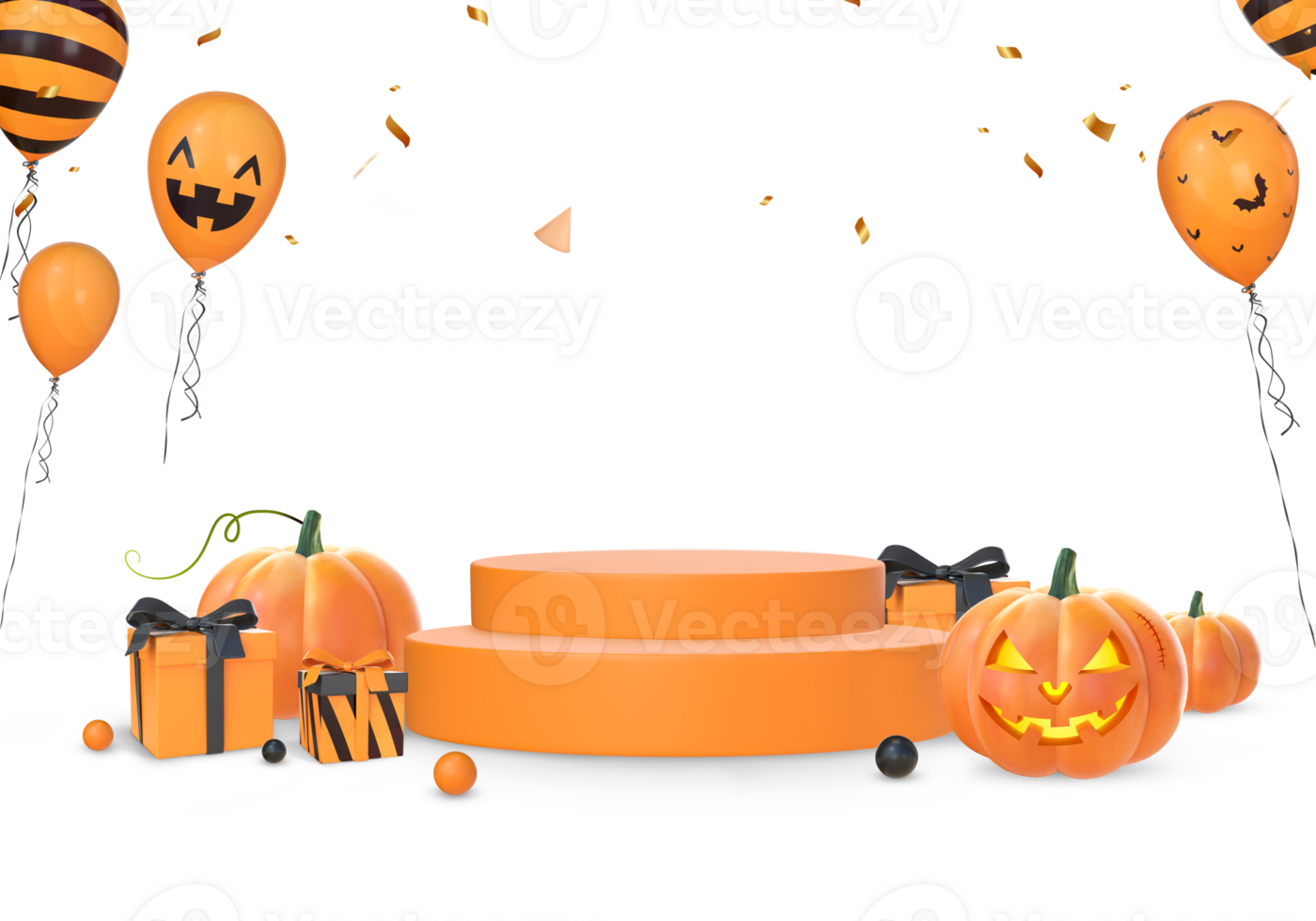 3D Rendering Halloween Podium Stage For Product Placement With Pumpkins, Gifts And Balloons png