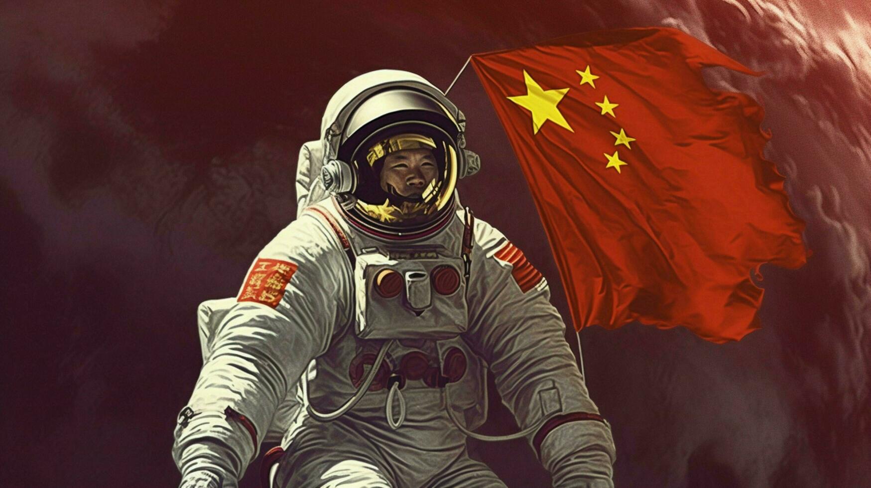 chinese astronaut moon with flag photo