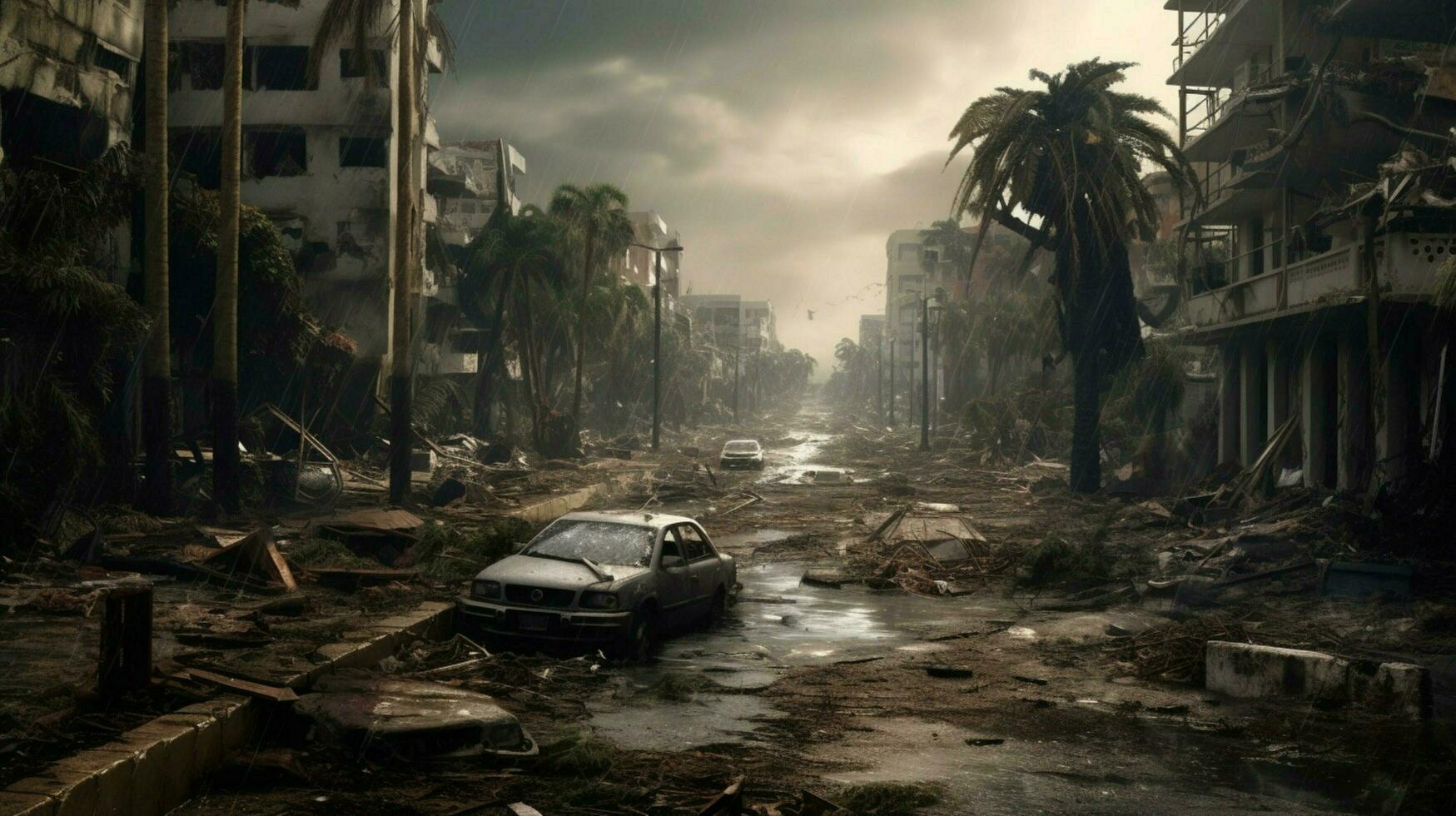 city in ruins after tropical storm or hurricane photo