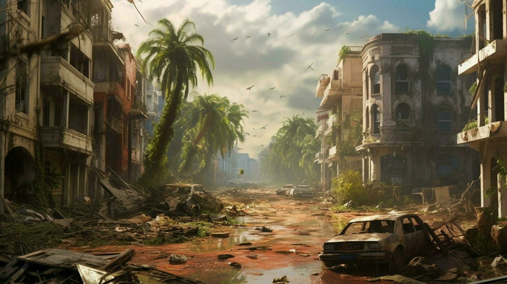 city in ruins after tropical storm or hurricane photo