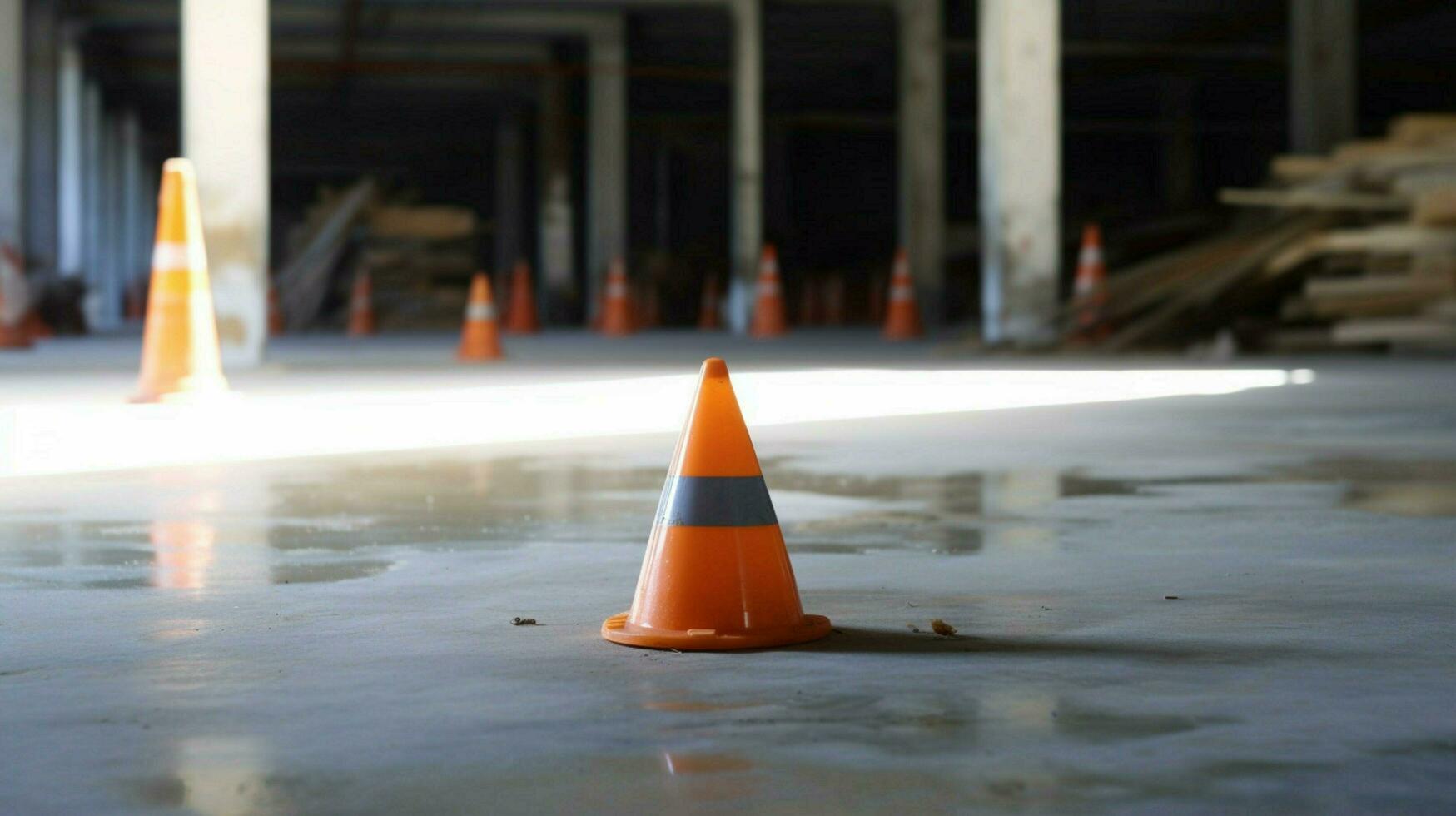 cone on the floor in the middle of construction photo