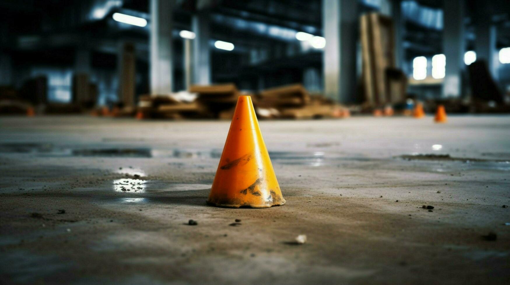 cono en el piso en el medio de construcción foto