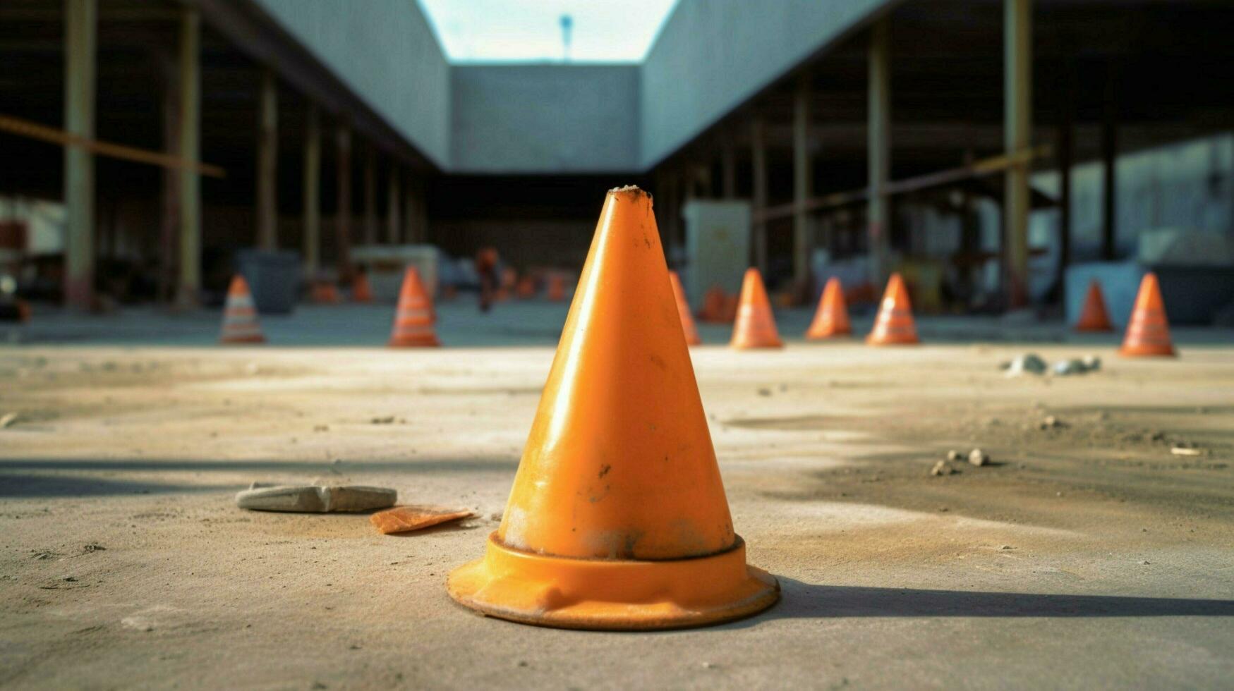 cono en el piso en el medio de construcción foto