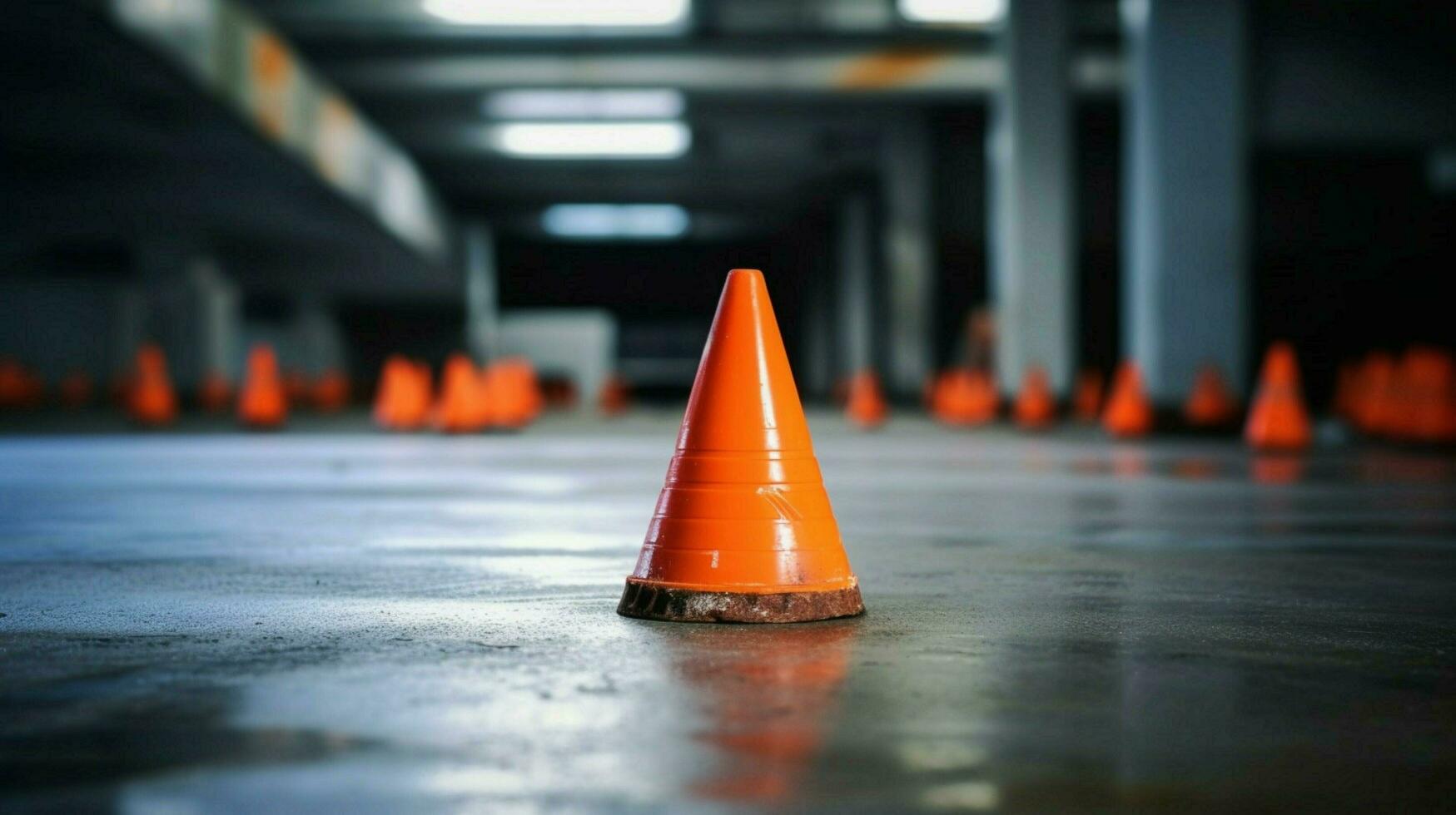 cone on the floor in the middle of construction photo