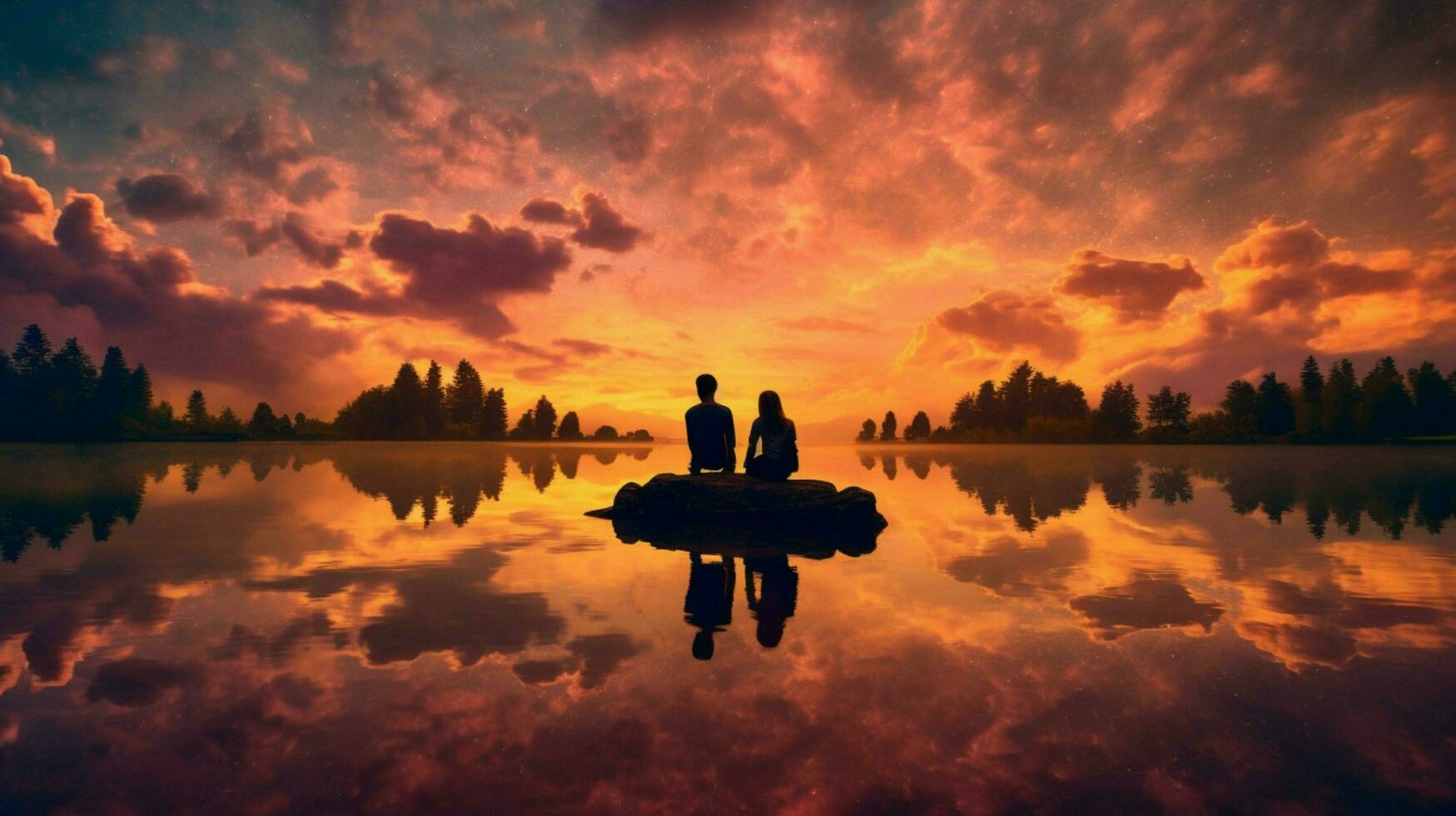 couple looking lake sunset photo