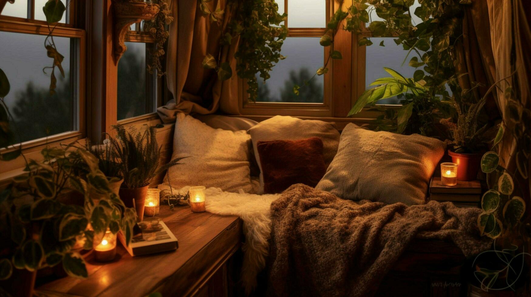 cozy nook with plush pillows and soft blankets photo