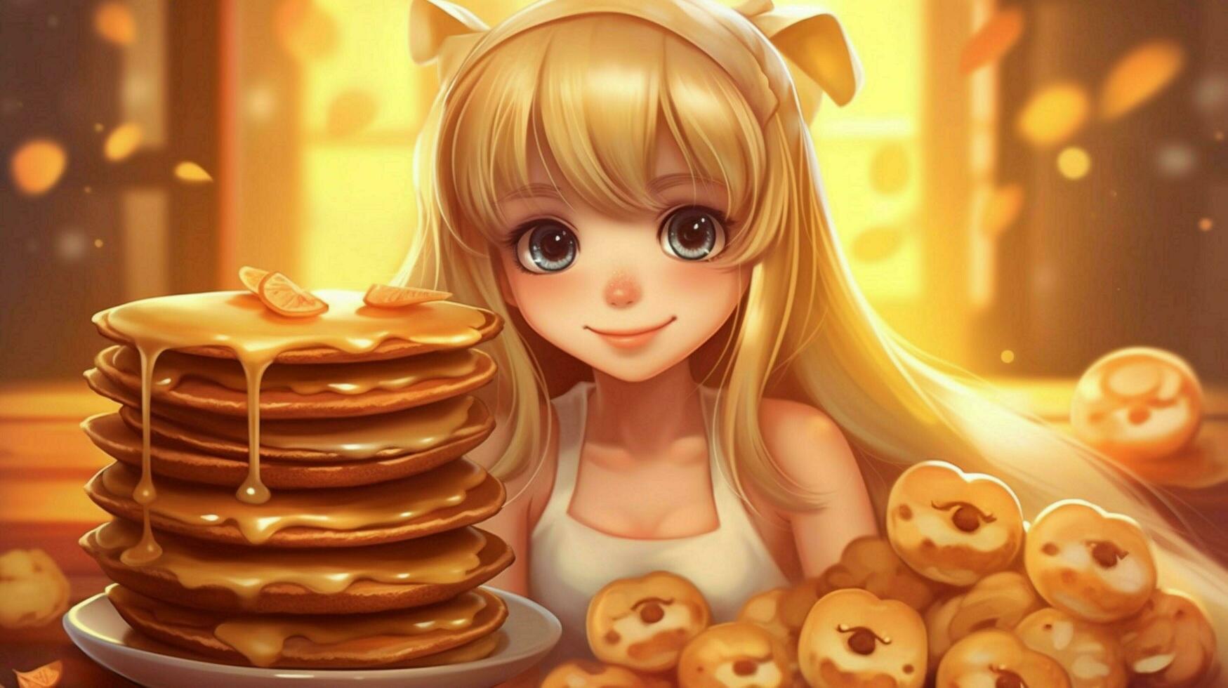 linda kawaii niña con panqueques foto