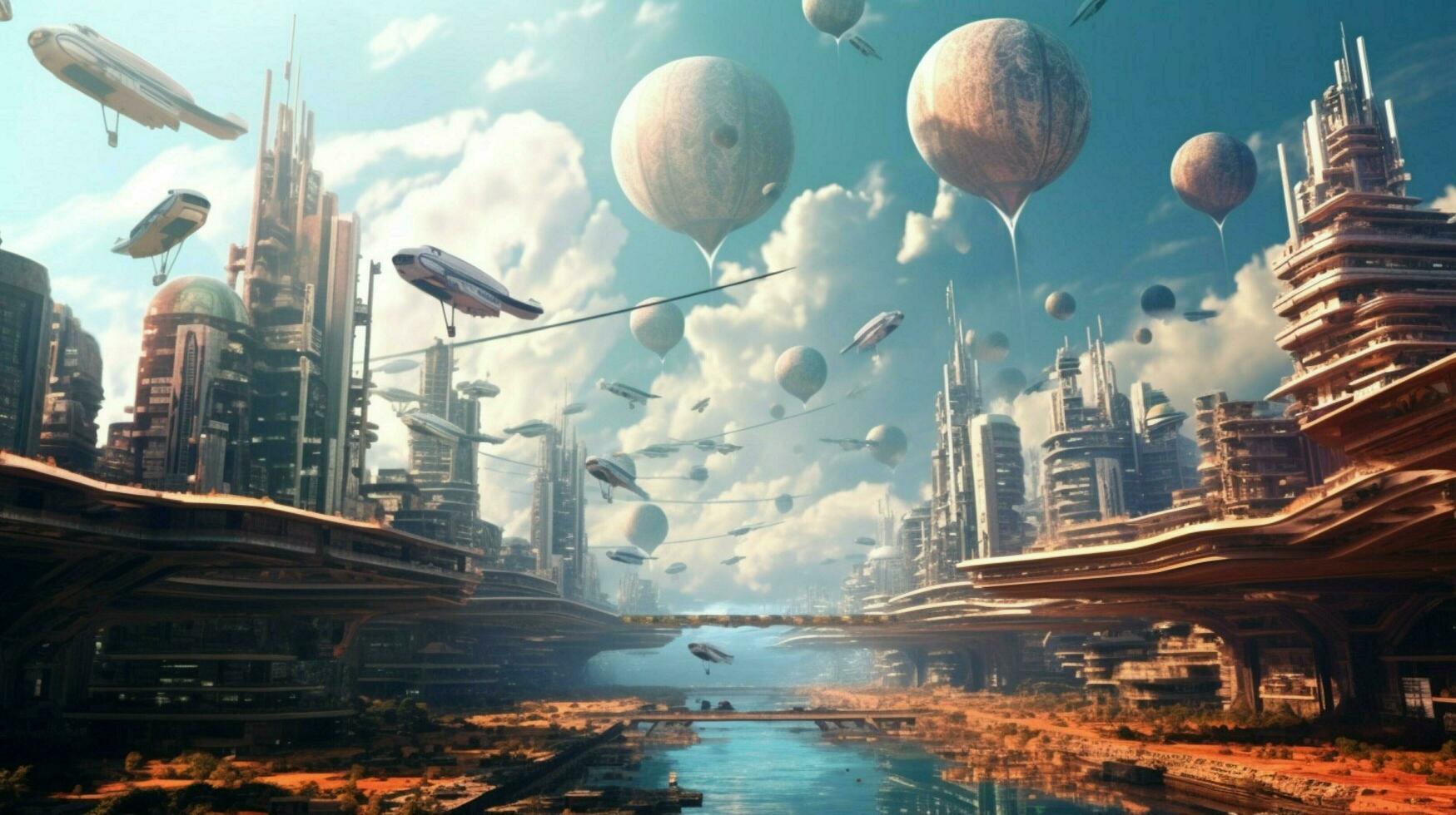 dreamlike scene of futuristic city with floating photo