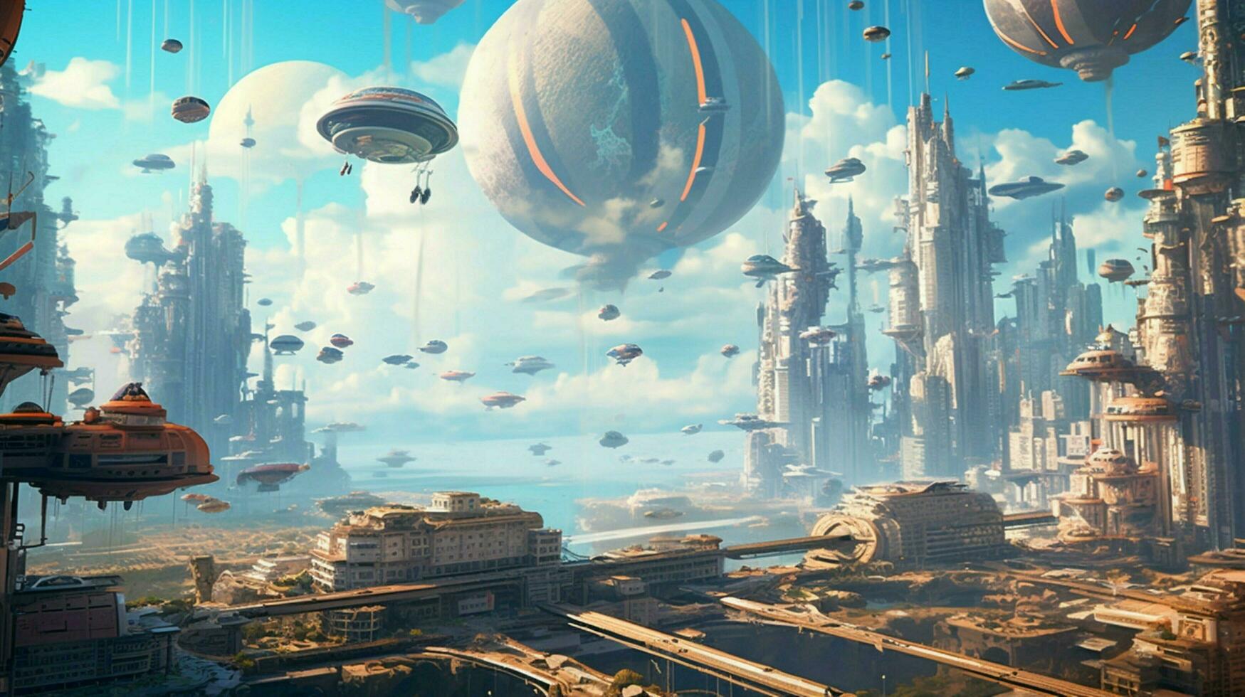 dreamlike scene of futuristic city with floating photo