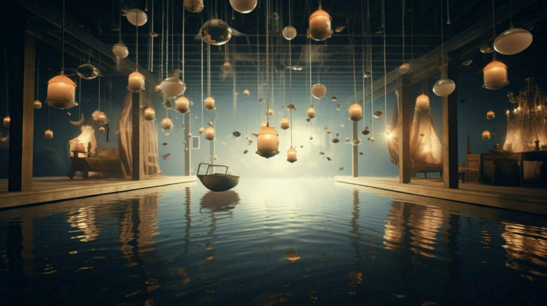 dreamlike scene with flying objects floating photo