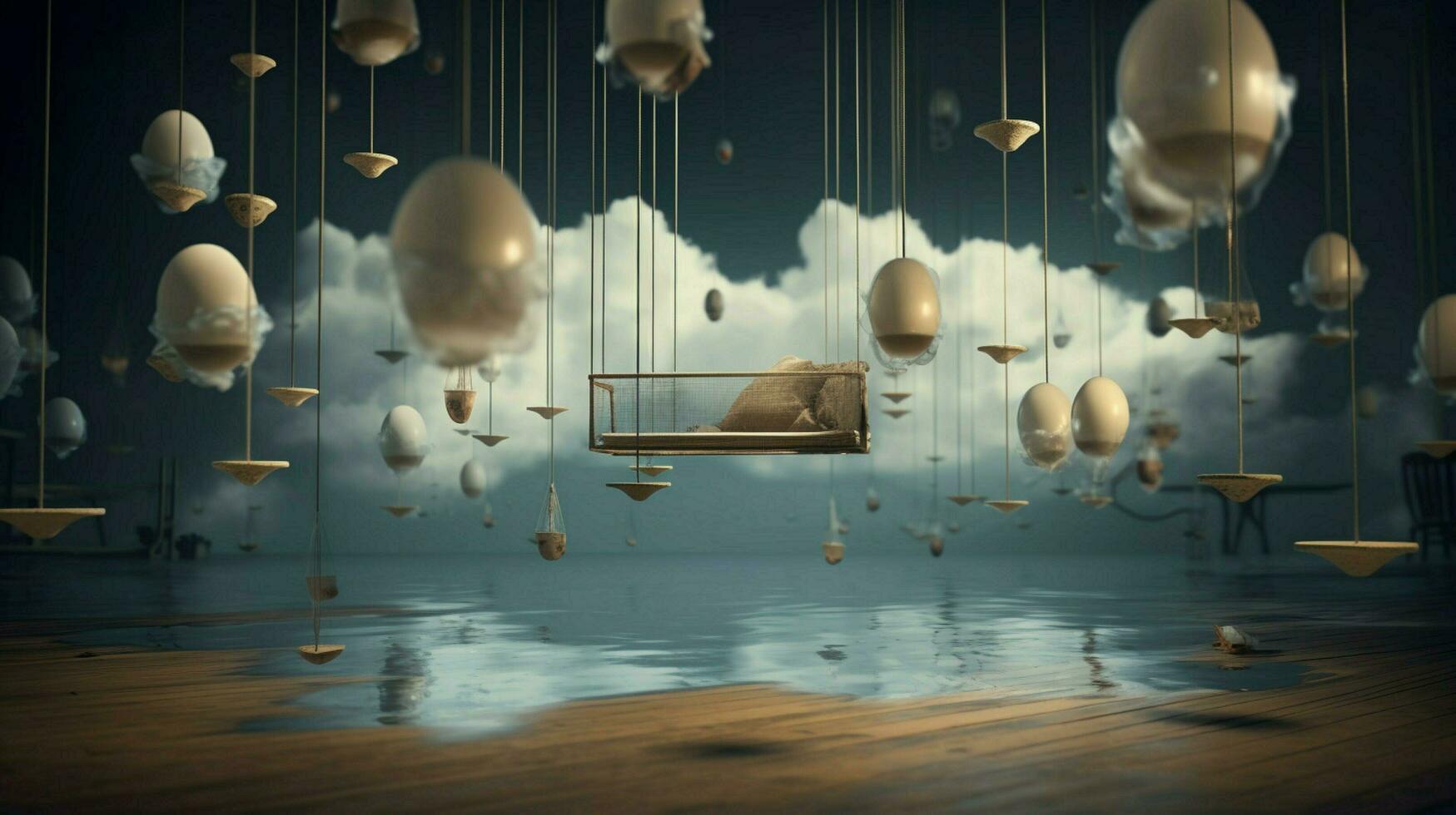 dreamlike scene with flying objects floating photo