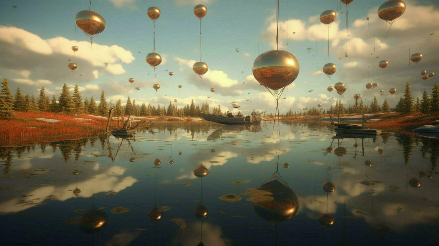 dreamlike scene with flying objects floating photo