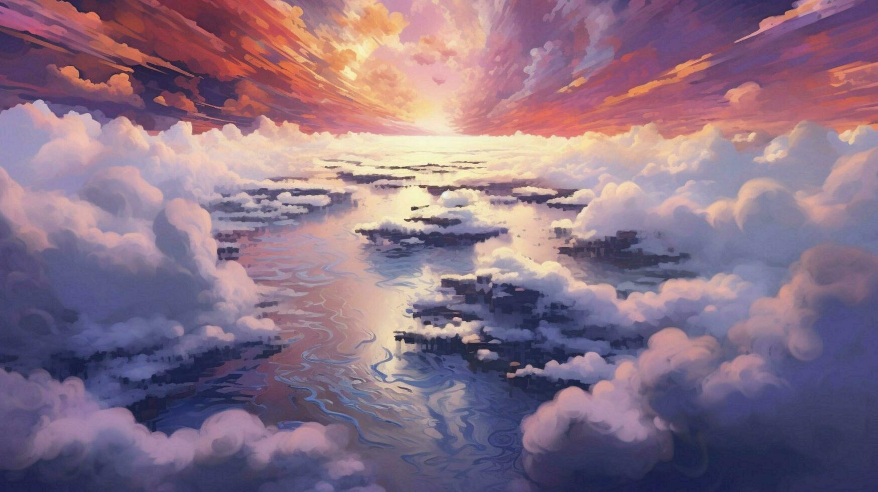 dreamlike setting with floating clouds and purple photo