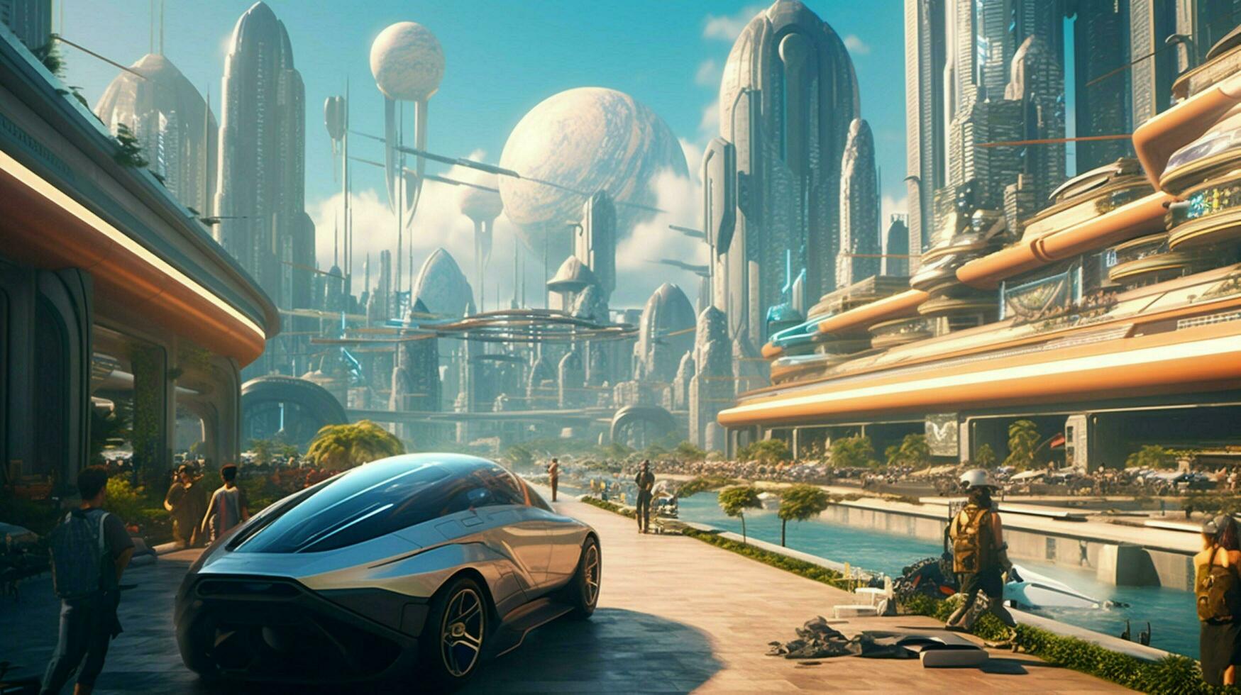 dreamlike vision of a futuristic city with sleek photo