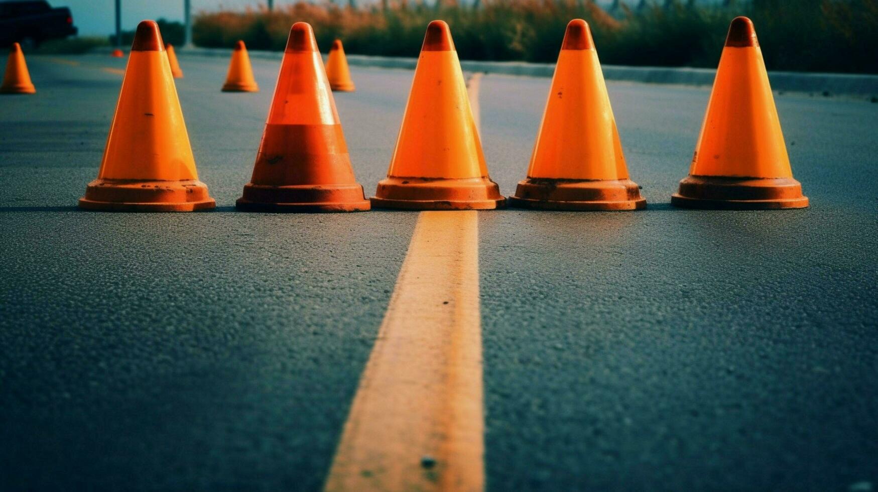 five traffic cones in a row creating safe photo