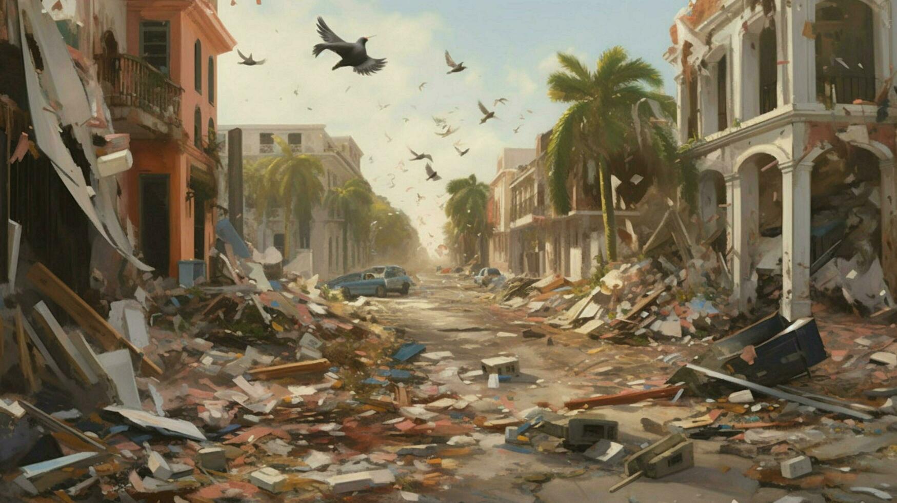 flying debris and garbage in streets after hurricane photo