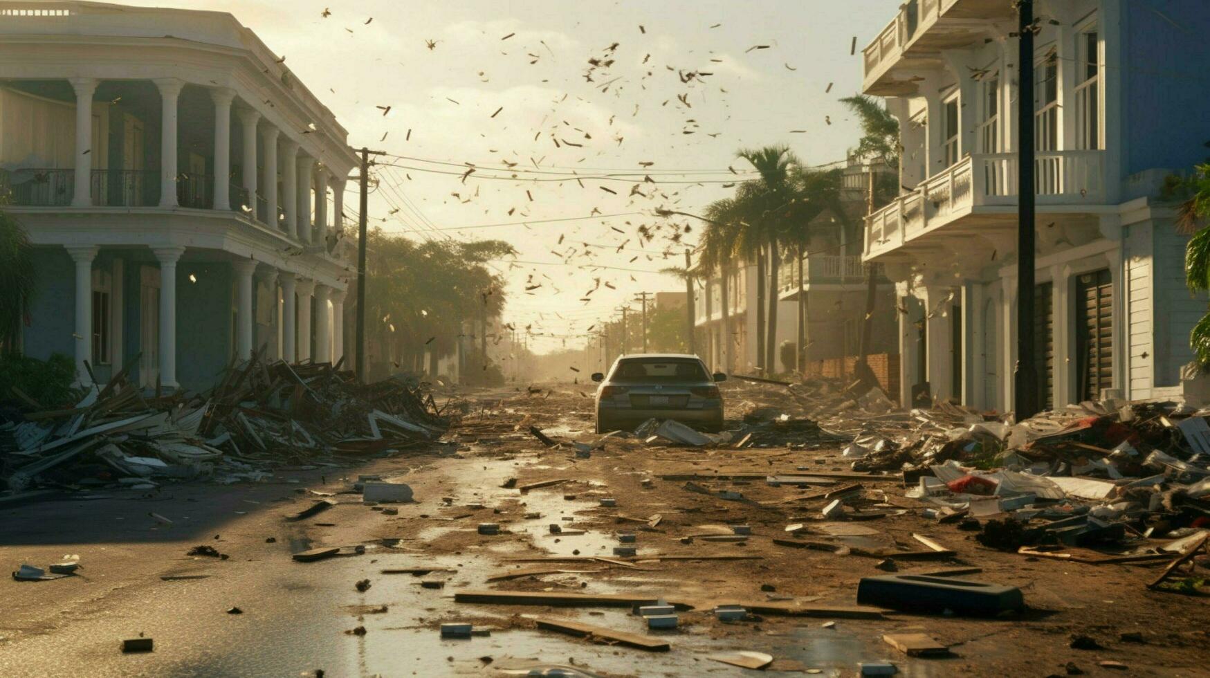 flying debris and garbage in streets after hurricane photo