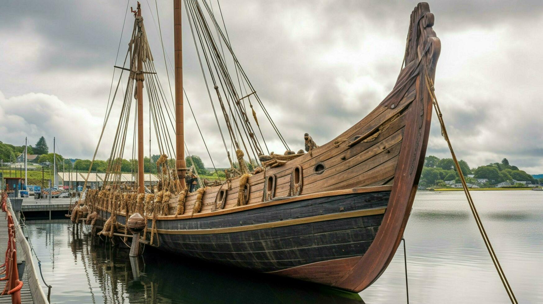 Escala completa vikingo Embarcacion atracado a puerto con paño foto