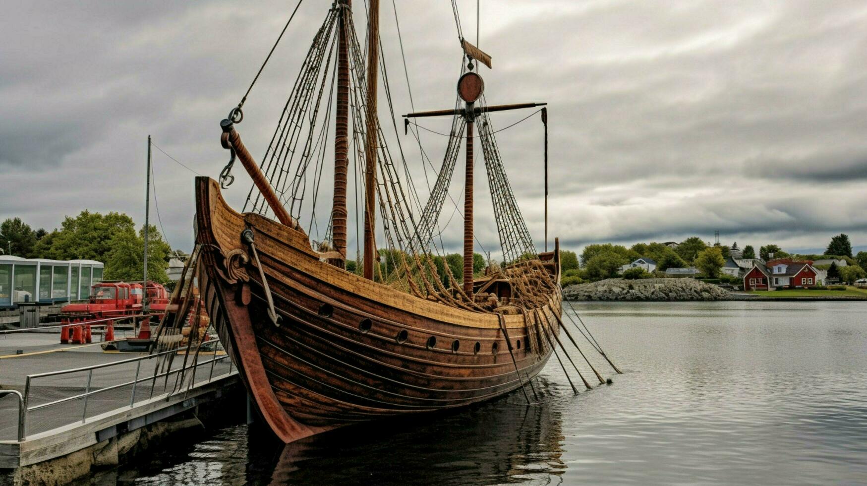 fullscale viking ship docked at harbor with sails photo