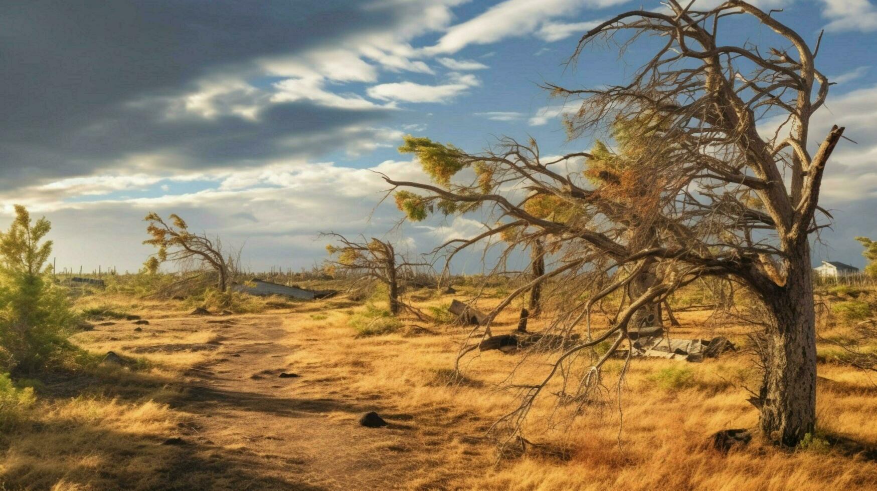 harsh landscape of trees destroyed by high wind photo