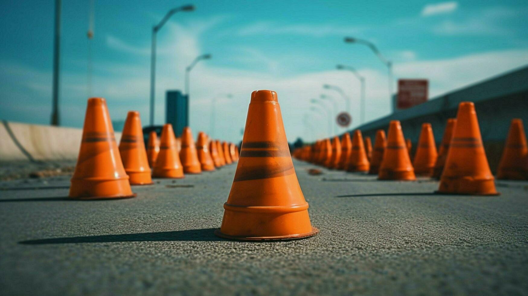 line of traffic cones leading to closed road photo
