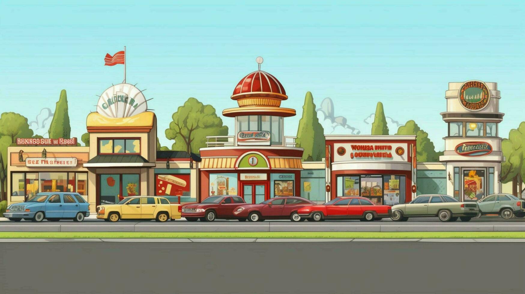 lineup of fast food restaurants each with their photo