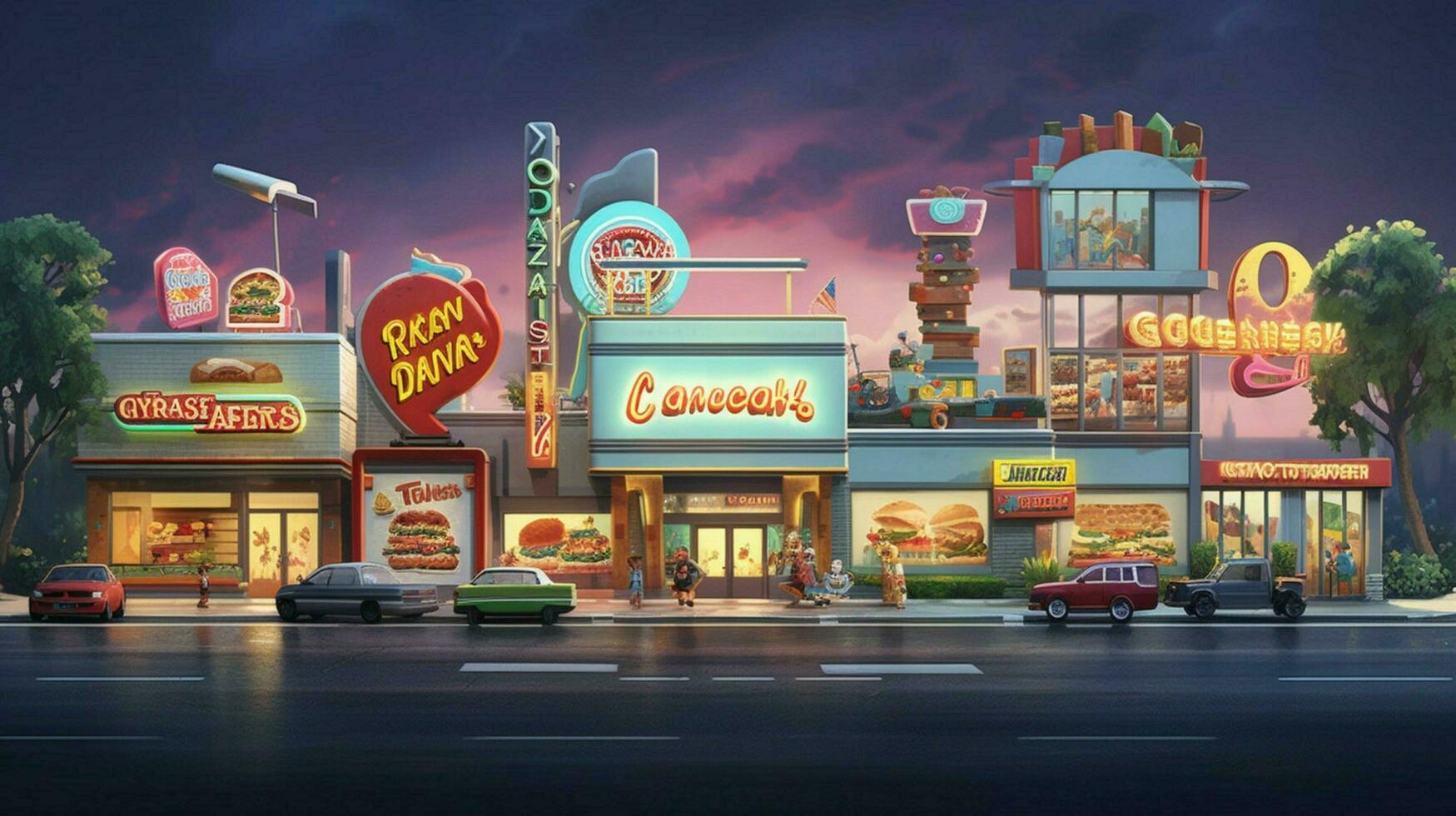 lineup of fast food restaurants each with their photo