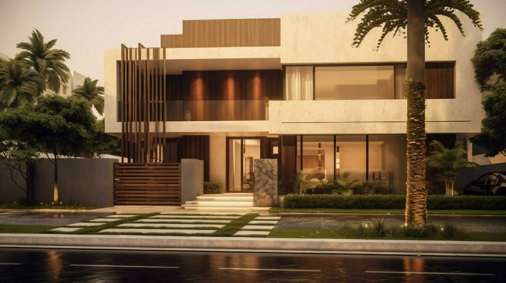 luxury building with modern facade and backyard photo
