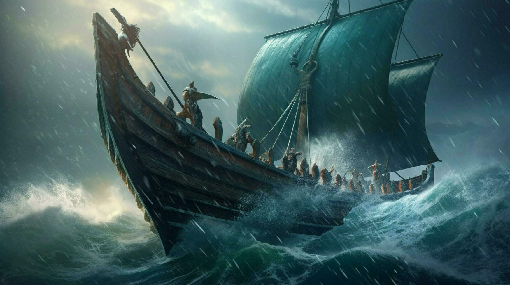 majestic viking ship sailing on stormy seas with photo