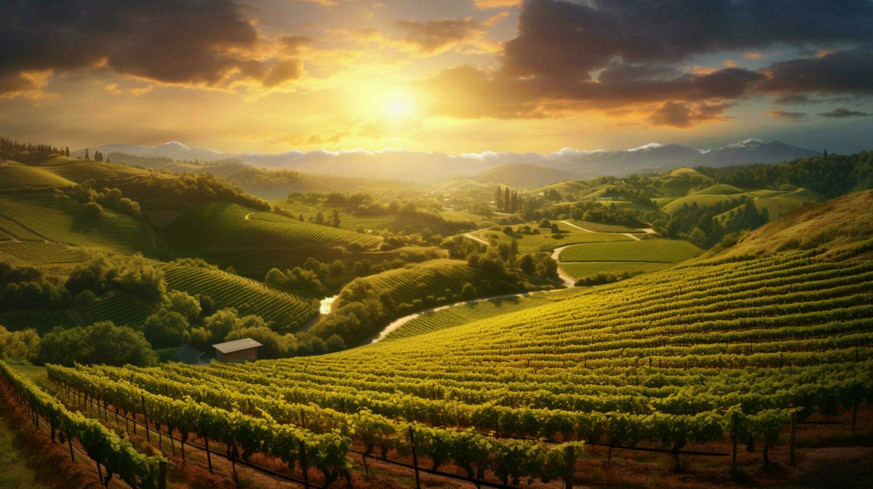 majestic vineyard with warm golden sunrays shining photo