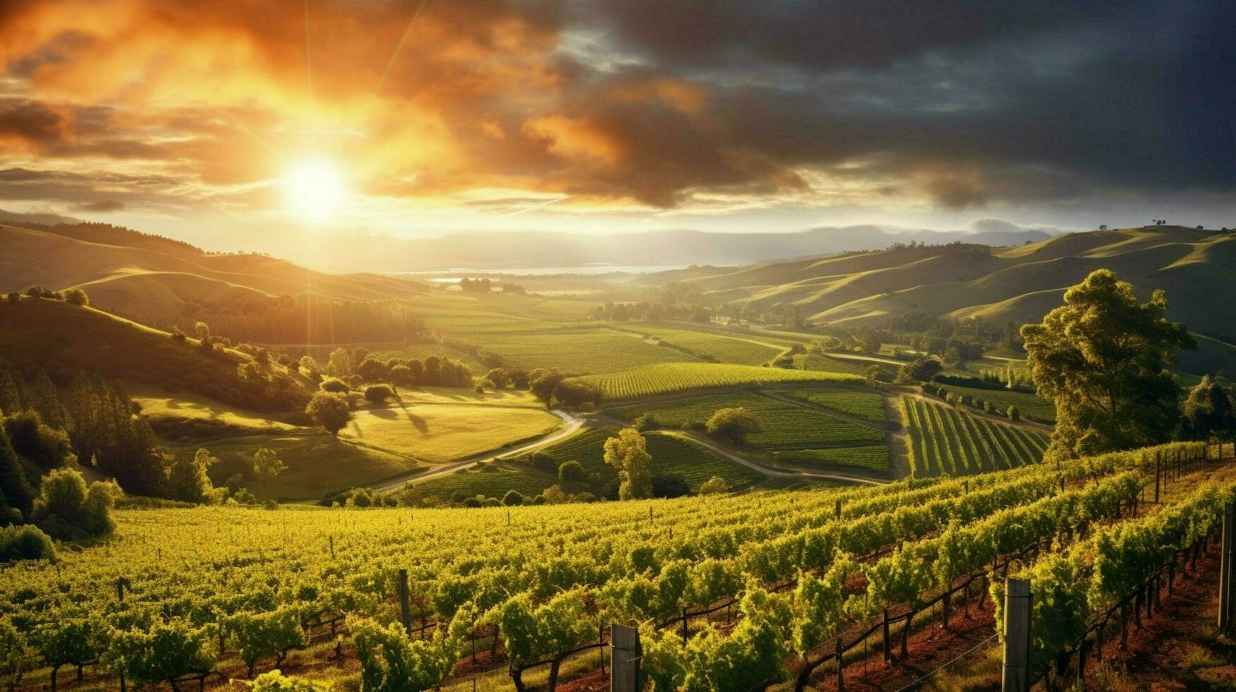 majestic vineyard with warm golden sunrays shining photo